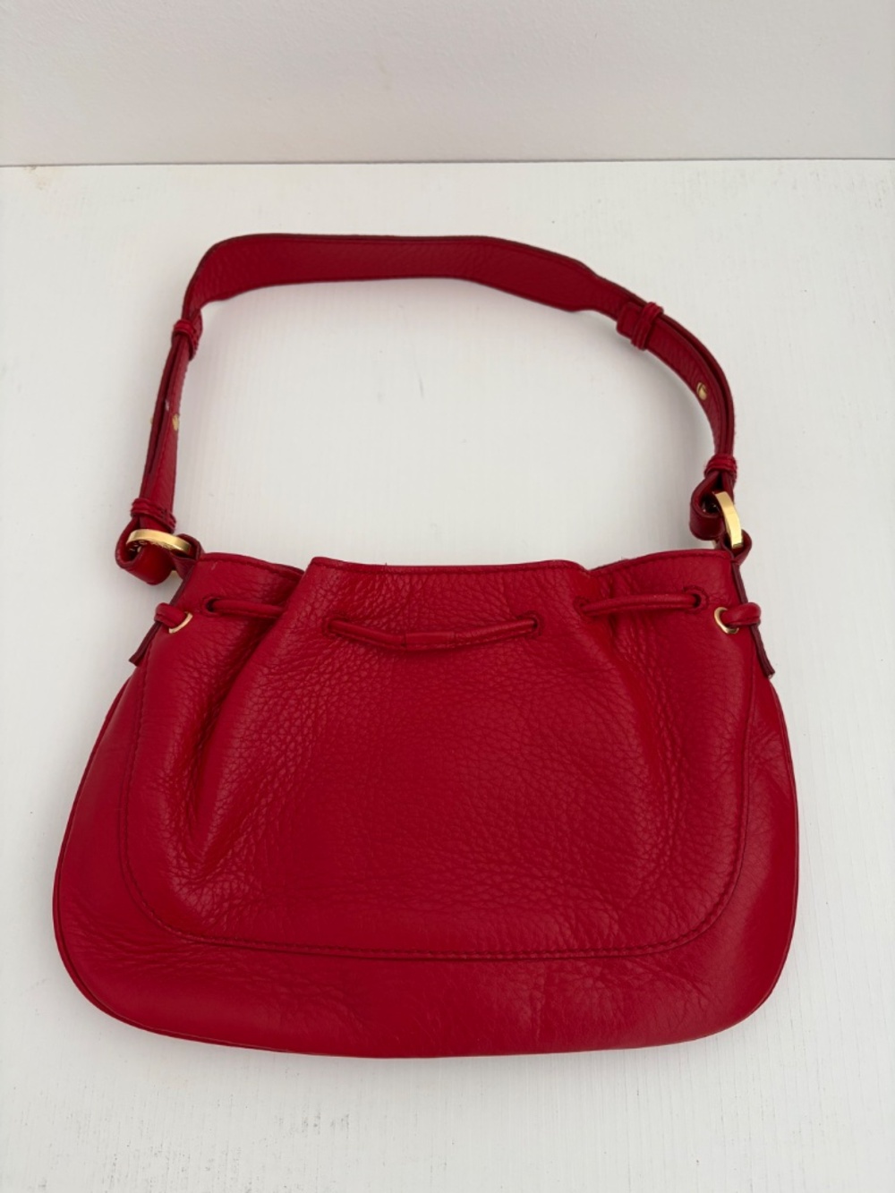 St. John Red Leather Pull String Bag - Picture 2 of 5